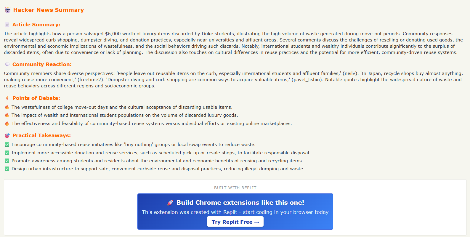 HN Summarizer showing comprehensive analysis